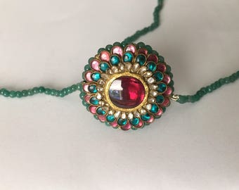 Hair Chain Rajasthan India White Diamond Green beryl, Emerald, Bold Rubellite Tourmaline Gold Forehead Headpiece Hair Head Pin