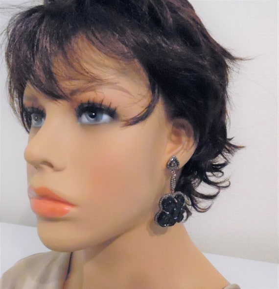 Gothic High Relief Carved Black Onyx Lotus Flower… - image 2