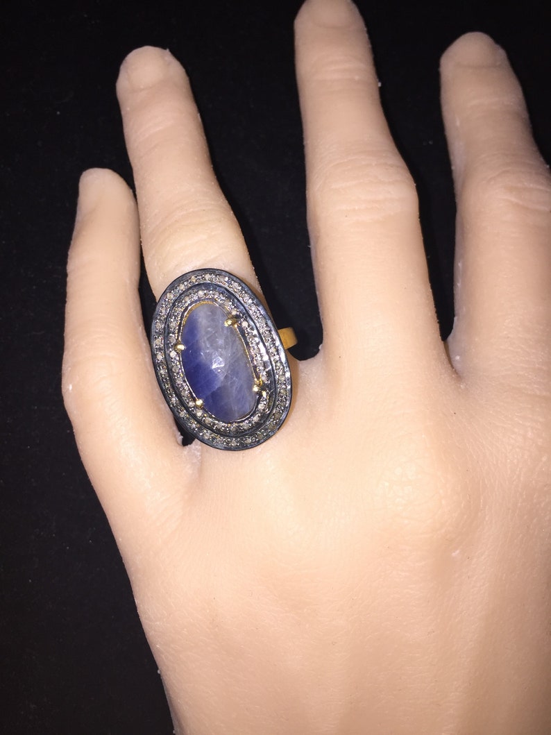 Sale Long Modernist Rustic Diamond 30ct Earth Mined Checker Sapphire Statement 18k Gold Ring Size 8 unisex