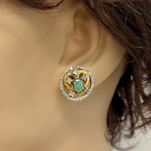 Gift Vintage Upcycled 18k Gold Diamond Emerald Beautiful Regal Stud Earrings
