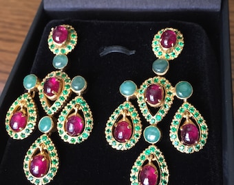 Vintage Victorian Cross Revival Earth Mined Ruby Emerald Earrings E075