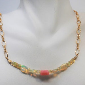 Handcrafted Earth Mined Fire Opal with Pink Peruvian Necklace 14K GF 18 inch  BC038 October birthstone