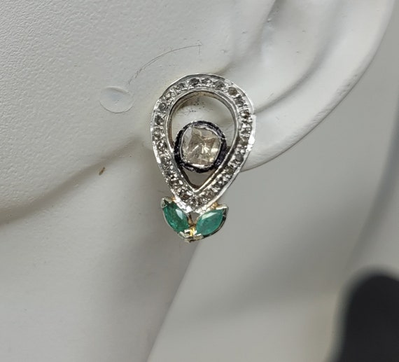 Romantic Old Mined Diamond Emerald Handcrafted Stud Earrings E147