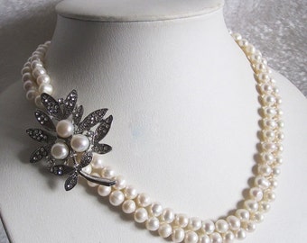 Ornate Authentic Genuine Organic Freshwater White Pearl Flower Statement Double 19&quot; Strand Necklace