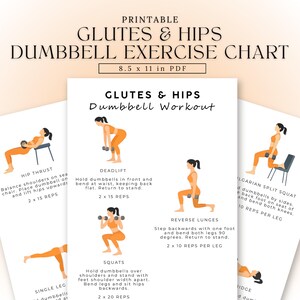 May include: Printable dumbbell exercise chart for glutes and hips. The chart includes illustrations of exercises such as hip thrusts, deadlifts, reverse lunges, squats, and Bulgarian split squats. The chart is 8.5 x 11 inches in PDF format.