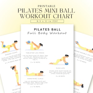 Può includere: Tabella di esercizi Pilates Mini Ball stampabile, 21,6 x 27,9 cm in formato PDF. La tabella presenta esercizi come Donkey Kicks, Tabletop Leg Press e Push-Ups, con istruzioni e ripetizioni.