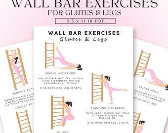 Wall Bar Exercises for Glutes & Legs | Printable Lower Body Workout | Wall Bar Exercise PDF | Swedish Ladder | Stall Bars | Workout Poster