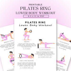 Könnte beinhalten: Druckbare Pilates Ring Lower Body Workout Anleitung, 21,6 x 27,9 cm. Die Anleitung zeigt Übungen wie Donkey Kicks, Squats, Glute Kickback, Side Lying Squeeze und Glute Bridge, mit Wiederholungszahlen.