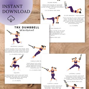 May include: A digital download featuring a TRX dumbbell workout guide. The guide includes illustrations and instructions for exercises like plank rows, reverse lunges, squats, and lateral lunges. The color scheme is purple and white.