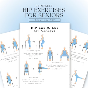 Puede incluir: PDF imprimible titulado "HIP EXERCISES FOR SENIORS" con ilustraciones de ejercicios. Los ejercicios incluyen marcha sentada, sentadillas asistidas, abridores de cadera, patadas laterales y estiramiento de la figura 4. El PDF mide 21,6 x 27,9 cm.
