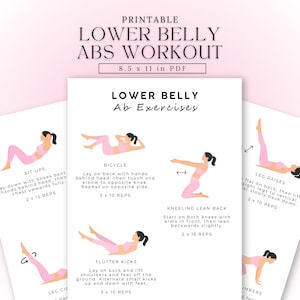 Puede incluir: Guía imprimible de ejercicios abdominales inferiores. El PDF rosa y blanco incluye ilustraciones de ejercicios como abdominales, bicicleta, elevaciones de piernas y patadas de aleteo. La guía mide 21,6 x 27,9 cm.