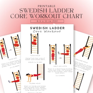 Könnte beinhalten: Druckbare schwedische Sprossenwand Core Workout Chart, 21,6 x 27,9 cm. Die Karte enthält Illustrationen von Core-Übungen mit einer schwedischen Sprossenwand, einschließlich Tuck-Ups, Tuck Hold, Half Leg Lifts, Hollow Hold und Plank Hold. Die Karte ist im PDF-Format.