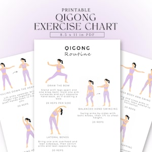Puede incluir: Tabla de ejercicios de Qigong imprimible en formato PDF, 21,6 x 28 cm. La tabla presenta ilustraciones de varios ejercicios de Qigong, incluyendo "Dibujar el arco" y "Balanceo de manos equilibrado", con instrucciones y recuentos de repeticiones. La combinación de colores es principalmente blanca y lavanda.