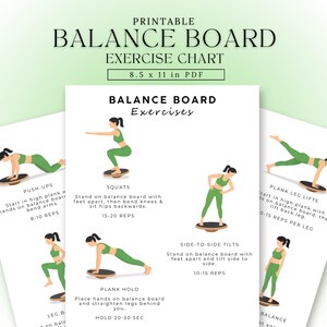 Puede incluir: Tabla de ejercicios imprimible para tabla de equilibrio, 21,6 x 27,9 cm. Muestra ejercicios como flexiones, sentadillas y elevaciones de piernas. Cada ejercicio se ilustra con una persona en ropa deportiva verde.