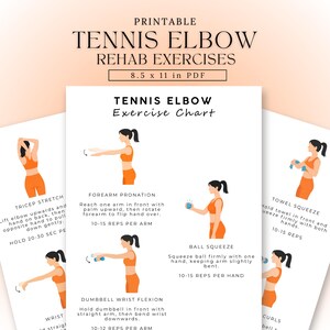 Może przedstawiać: Wydrukowalna tabela ćwiczeń zatytułowana Tennis Elbow Rehab Exercises 8.5 x 11 in PDF. Dokument zawiera ilustracje osoby w pomarańczowym stroju sportowym wykonującej różne ruchy, takie jak rozciąganie tricepsów, pronacja przedramienia, ściskanie piłki i zginanie nadgarstka z hantlami, wraz z tekstami instruktażowymi.