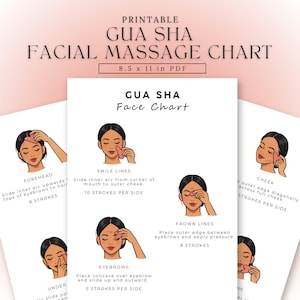 Puede incluir: Tabla imprimible de masaje facial Gua Sha. La tabla incluye ilustraciones e instrucciones para las técnicas de masaje de frente, líneas de sonrisa, líneas de expresión, cejas y mejillas. La tabla mide 21,6 x 27,9 cm.