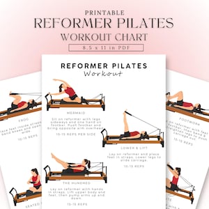 Może przedstawiać: Wydrukowany wykres treningowy Reformer Pilates w formacie PDF, z ilustracjami ćwiczeń. Wykres zawiera instrukcje dotyczące ćwiczeń takich jak Frog, Mermaid, Footwork, Lower & Lift i The Hundred. Wykres ma wymiary 21,6 x 27,9 cm.
