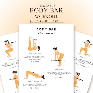 Pode incluir: Guia de treino imprimível com barra. A folha PDF branca apresenta ilustrações de exercícios como agachamentos, toques nos dedos dos pés, levantamento terra, estocadas e pontes de glúteos. O texto inclui nomes de exercícios, instruções e contagens de repetições.