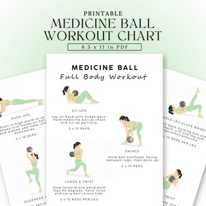 May include: A printable medicine ball workout chart, sized at 21.6 x 28 cm. The chart displays various exercises, including push-ups, sit-ups, swings, lunges, and twists, with the number of repetitions. It's designed for a full-body workout.