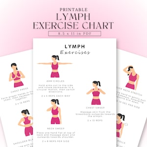 May include: Printable Lymph Exercise Chart in PDF format, 8.5 x 11 inches. The chart features illustrations of exercises, including arm circles, chest press, and neck sweep, with instructions for each movement.