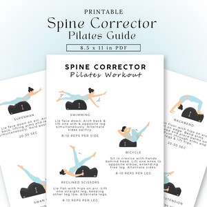 May include: A printable 21.6 x 27.9 cm PDF guide titled Spine Corrector Pilates Guide. The document features black text and illustrations of a person in light blue activewear performing exercises like swimming, bicycle, and reclined scissors.