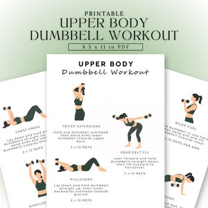 May include: Printable upper body dumbbell workout guide. The white paper features illustrations of exercises like chest press, tricep extensions, and rear delt fly. The paper measures 8.5 x 11 inches.