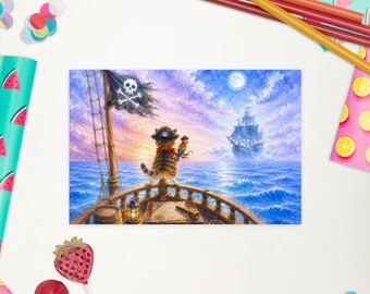Ansichtkaart met een kat van achteren gezien, kijkend naar een spookachtig piratenschip | Fantasievolle aquarel kat in hoge resolutie | Mysterieuze zeekaart