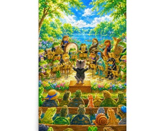 Back View Kitten Conducting a Reptile & Amphibian Orchestra | Emotional Watercolor Animal Poster