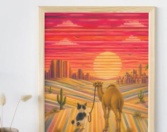 Kat van achteren gezien - Wandelend met een kameel door de gestreepte woestijn - Emotionele aquarel fantasieposter
