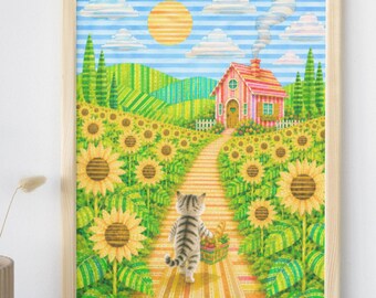 Back View Cat – Walking Home Through the Striped Sunflower Field – Emotional Watercolor Art Print