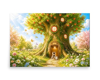 Back View Kitten Visiting the Apple Tree Office | Emotional Watercolor Fantasy Horizontal Poster