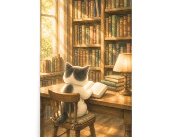 Achterkant lezende kat – Gezellige middag in de bibliotheek – Sfeervolle aquarelposter | Gezellige kattenmuurdecoratie