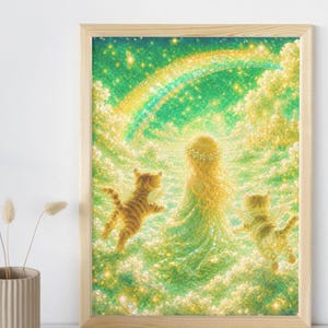 Emerald & Gold Edition – Angel Girl and Winged Cats in the Emerald Kingdom | Jewel Collection Fantasy Art Print