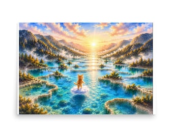Back View Kitten Visiting Jiuzhaigou Valley | Emotional Watercolor World Heritage Horizontal Poster