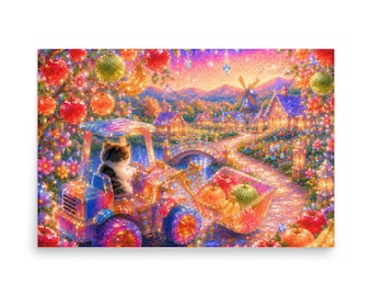 Back View Cat in Candy World Fruit Harvest | Emotional Watercolor Fantasy Horizontal Poster  説明文