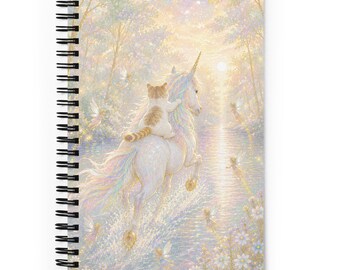 Opaal & Goud Eenhoorn Reis Kat Spiraal Notitieboekje | Juwelen Collectie Fantasie Katten Dagboek | Sprookjes Eenhoorn Briefpapier | Cadeau voor Kattenliefhebbers