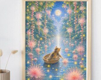 Kat van achteren gezien – Maanverlichte reis door het gloeiende bloemenmeer – Emotionele aquarel fantasie kunstprint