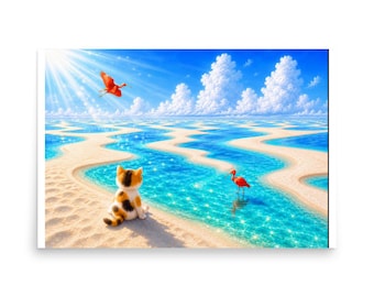 Achteraanzicht Kitten bezoekt nationaal park Lençóis Maranhenses – Emotionele aquarel Werelderfgoed horizontale poster