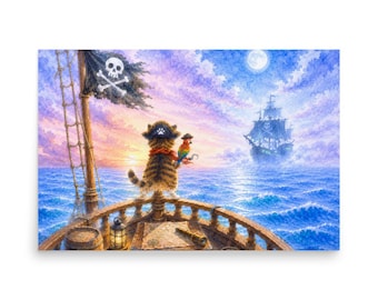 Kat van achteren gezien, kijkend naar een spookachtig piratenschip op zee – Emotionele aquarel fantasie horizontale poster
