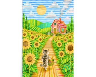 Back View Cat – Walking Home Through the Striped Sunflower Field – Emotional Watercolor Poster