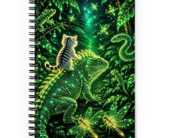 Smaragdgroen en goudkleurig notitieboekje met een katje dat op een lichtgevende leguaan rijdt | Juwelencollectie fantasiekattendagboek | Groengouden briefpapier