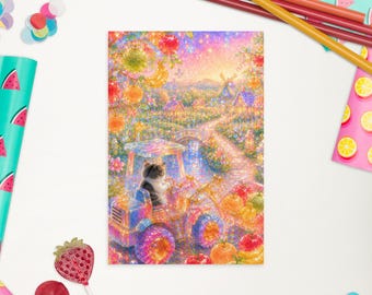 Achterkant Kat Snoep Wereld Fruit Oogst Ansichtkaart | Hoge resolutie Aquarel Kat Kunst | Speelse Fantasiekaart
