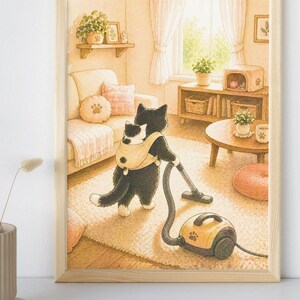 May include: A framed print depicts a black cat wearing a baby carrier, vacuuming a rug while carrying a kitten. The vacuum cleaner is yellow with a paw print design. The scene is set in a cozy living room with a sofa, side table, and window.