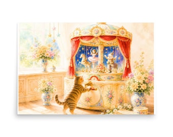 Back View Kitten and Enchanted Music Box Carousel | Emotional Watercolor Fantasy Horizontal Poster
