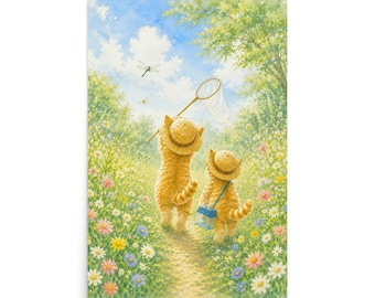 Achterkant Zomerkatten – Avontuur met het vangen van een libel – Emotionele aquarelposter | Japanse zomerkat muurdecoratie