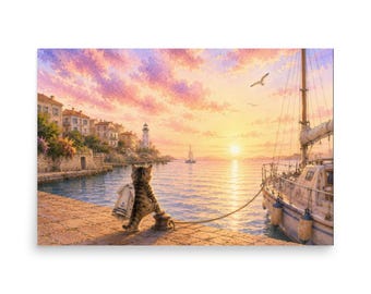 Kat van achteren gezien – Zonsondergangdromen in de haven – Emotionele aquarel horizontale poster