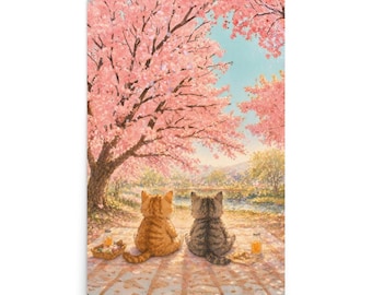 Kat van achteren gezien – Picknick met kersenbloesems – Emotionele aquarelposter | Japanse lentekat muurdecoratie