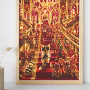Rubin- und Gold-Marienkäferkönigreich-Katze – Juwelenkollektion Fantasy-Kunstdruck | Königliches Insektenpalast-Wandbild | Himmlisches Katzenposter
