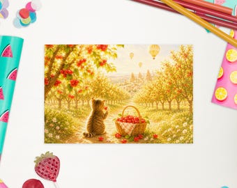 Ansichtkaart met een kat die kersen eet (achterkant) | Hoge resolutie aquarel kat | Natuurkaart van een zonnige boomgaard