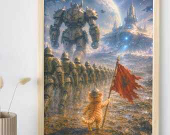 Kat van achteren gezien – Marcherend met het robotleger – Emotionele aquarel sciencefictionposter